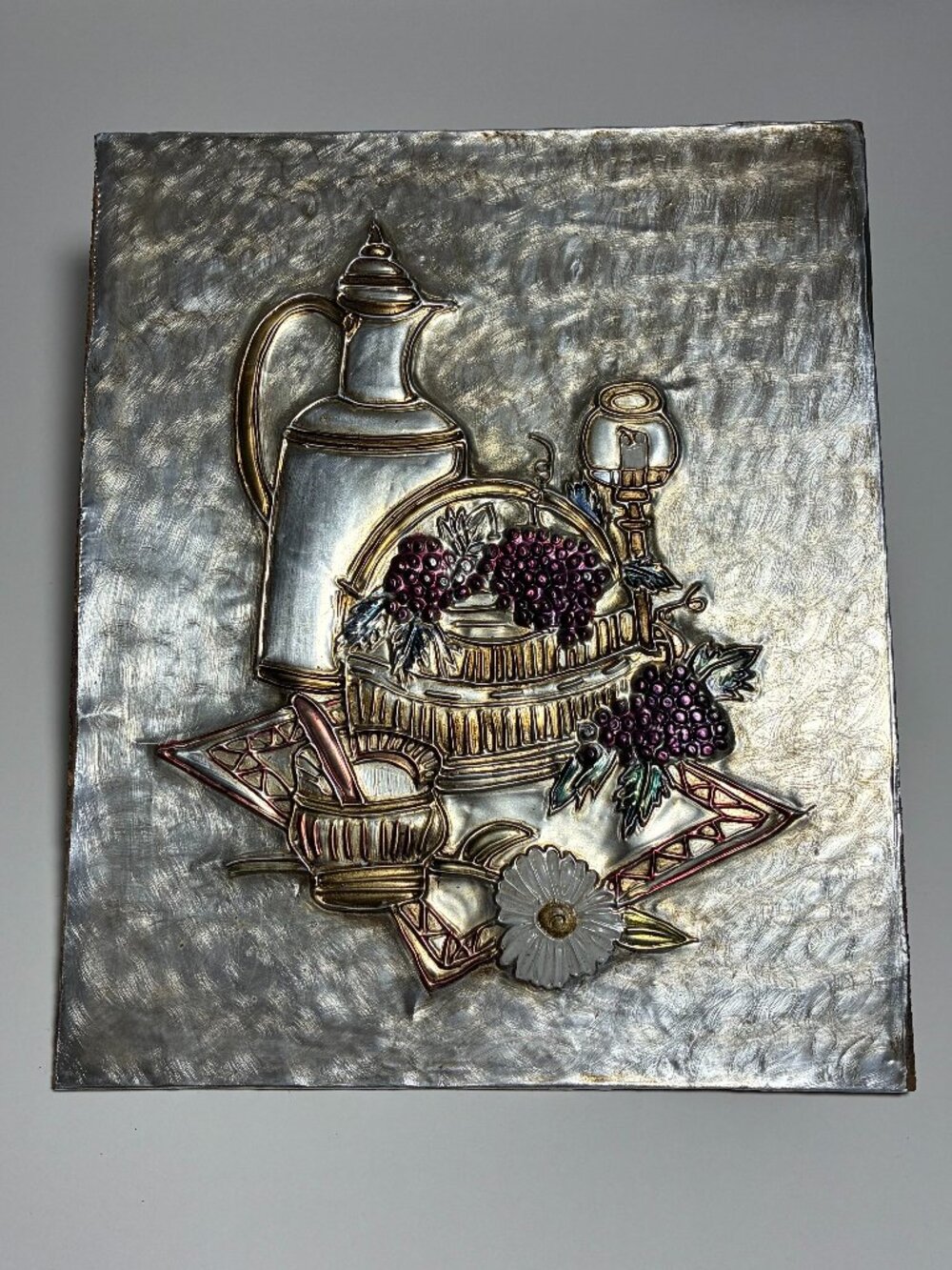 Vintage Silver Sheet Metal Etched Colored Still-Life Portrait Style Art